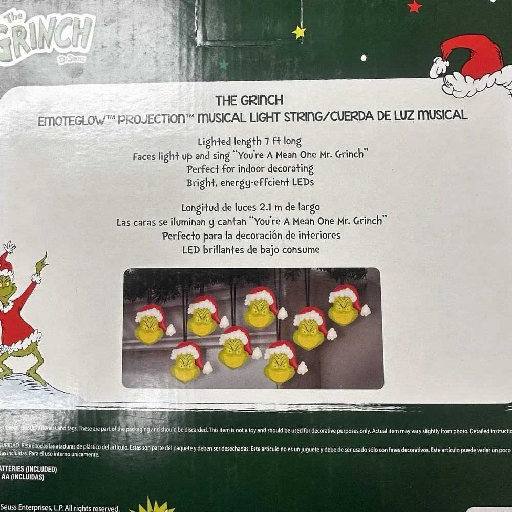 Dr. Seuss The Grinch Musical Light String 8 LED Christmas‎ Holiday Lights NEW